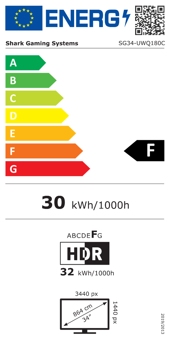 Energimærkning for SharkGaming 34" UWQHD 180Hz Curved Skærm