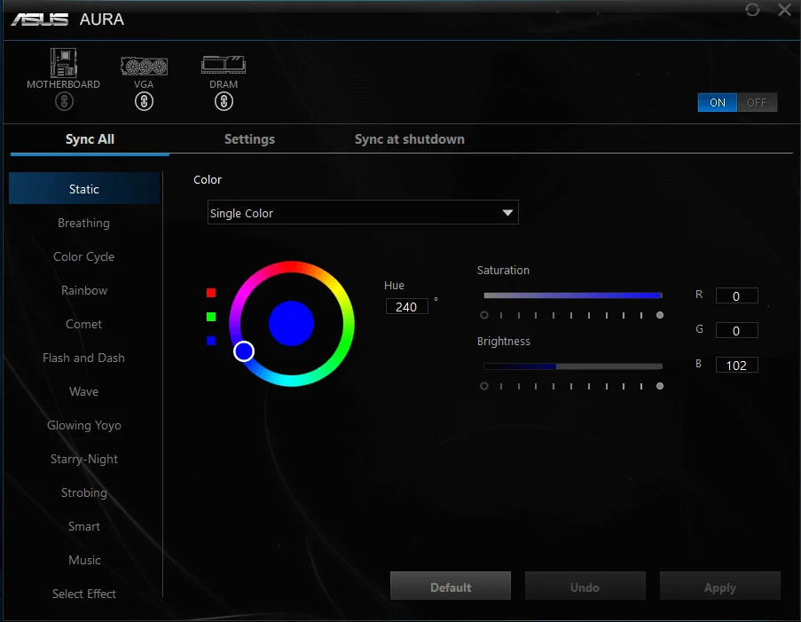 AURA interface med bl&aring; farve og grafikkort+dram